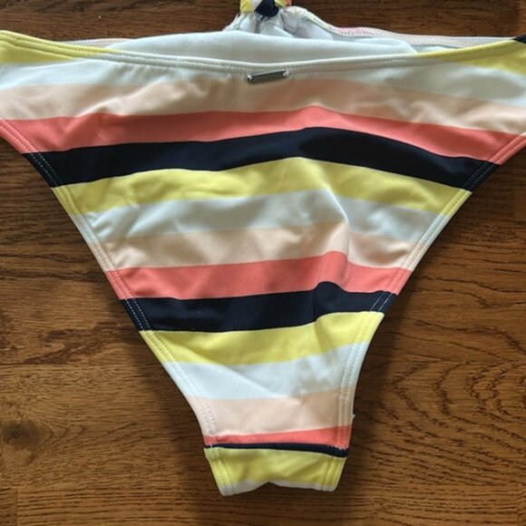 Abercrombie Yellow Coral White Black Stripe Cutout One Piece Knot XS Swimsuit - Picture 4 of 7